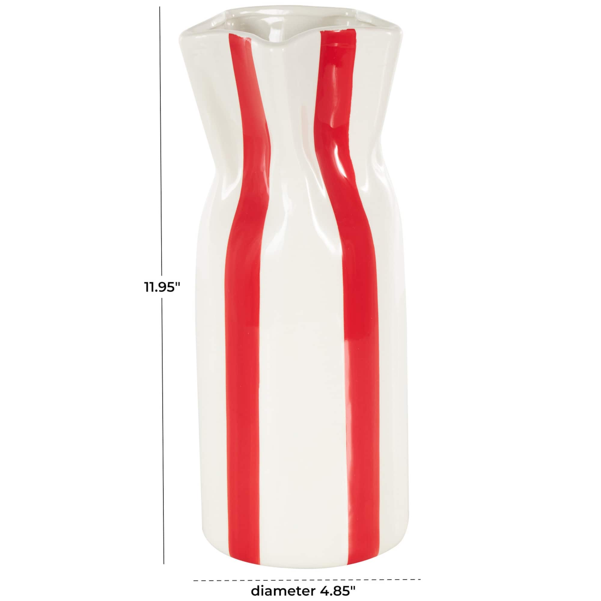 12" White & Red Stripes Round Decorative Ceramic Vase